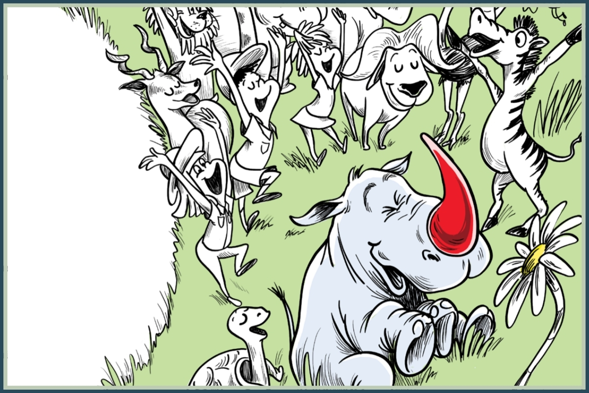 Rodney the Red-Horned Rhino being celebrated